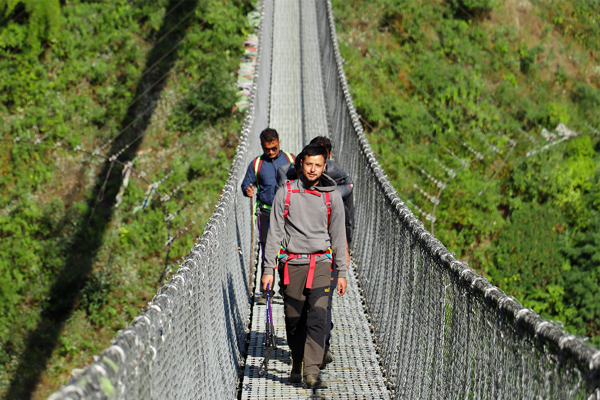 Trekkers crossing bridge of Annapurna Region